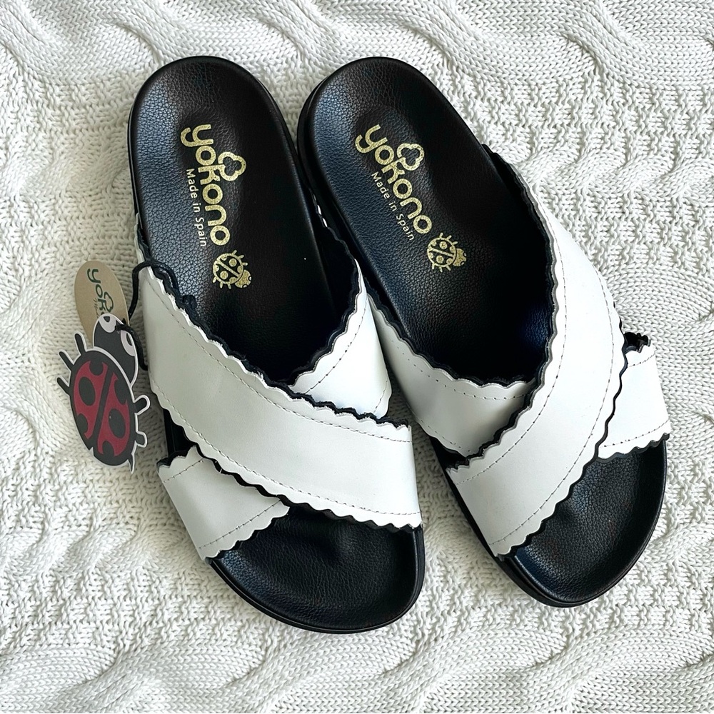 NWT Yokono Leather Slide Sandals Black White Spain Size 9 - Picture 2 of 7